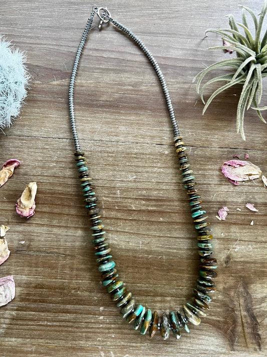 22 inch green turquoise graduated necklace and silver